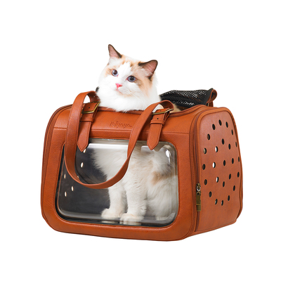 Ibiyaya складная сумка-переноска для кошек и собак до 6 кг Portico Deluxe Leather Pet Transporter, прозрачная с коричневой кожей (фото, вид 4)