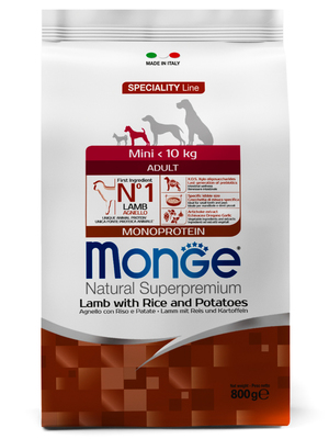 Monge Dog Speciality Mini корм для взрослых собак мелких пород ягненок с рисом и картофелем (фото, вид 1)