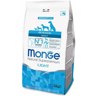 Monge Dog Speciality Light корм для собак всех пород низкоколорийный лосось с рисом (фото, вид 1)