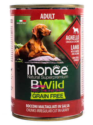 Monge Dog BWild Grainfree ADULT консервы из ягненка с тыквой и кабачками для собак всех пород 400г (фото, вид 2)