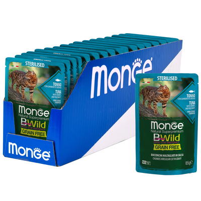 Monge Cat BWild GRAIN FREE паучи из тунца с креветками и овощами для стерилизованных кошек (фото, вид 1)