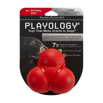 Playology хрустящий жевательный тройной мяч SQUEAKY BOUNCE BALL с пищалкой и с ароматом говядины, красный (фото, вид 1)