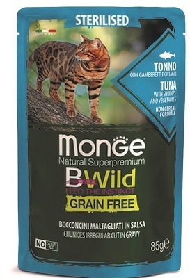Monge Cat BWild GRAIN FREE паучи из тунца с креветками и овощами для стерилизованных кошек (фото)