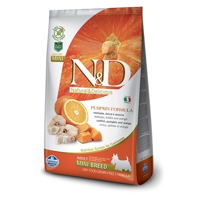FARMINA N&D беззерновой корм для собак мелких пород Треска с Апельсином и Тыквой мини (N&D Dog GF Pumpkin Codfish & Orange Adult Mini)