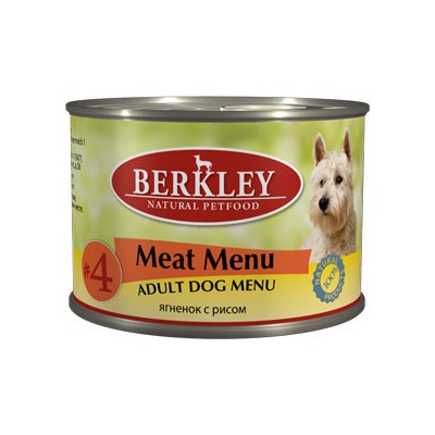 Berkley №4 ягнёнок с рисом, консервы для взрослых собак, 200 гр.