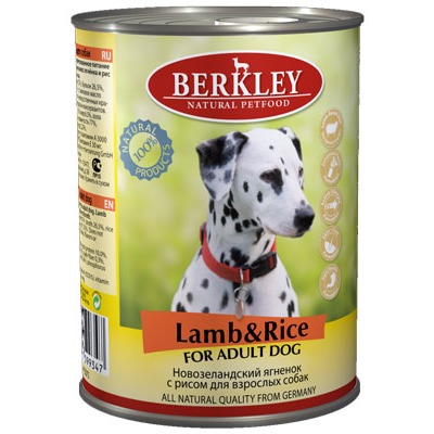 Berkley ягненок с рисом, консервы для взрослых собак, 400 гр.