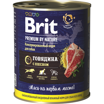 Brit Premium by Nature Консервы с говядиной и пшеном для взрослых собак всех пород, 850 гр.