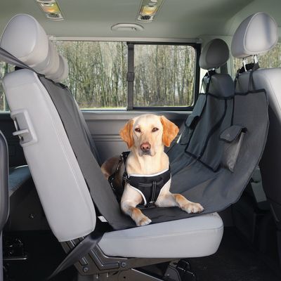 Trixie чехол-гамак для перевозки собак в автомобиле, с кармашками, 140*145 см, цвет коричнево-серый (фото)