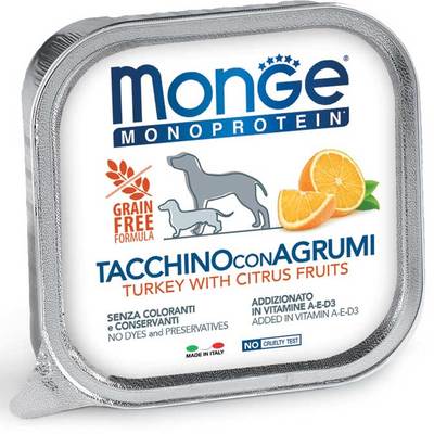 Monge Dog Monoprotein Fruits консервы для собак паштет из индейки с цитрусовыми 150г (фото)