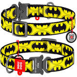 Collar ошейник WAUDOG Nylon с рисунком "Бэтмен Лого", металлическая пряжка-фастекс с площадкой для гравировки и адресник с QR кодом