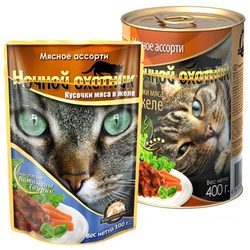 Ночной охотник Мясное ассорти Кусочки мяса в желе, консервированный корм для кошек