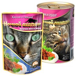 Ночной охотник Кролик и сердце Кусочки мяса в желе, консервированный корм для кошек