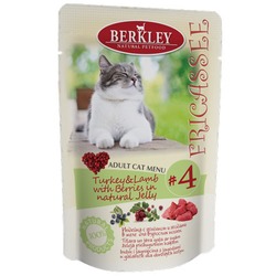 Berkley №4 фрикассе, Индейка с ягнёнком и ягодами в желе для взрослых кошек, 100 гр х 12 шт