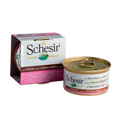 Schesir с тунцом, куриным филе и рисом, кусочки в собственном соку, консервированный корм для кошек
