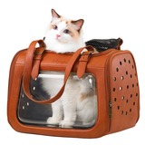 Ibiyaya складная сумка-переноска для кошек и собак до 6 кг Portico Deluxe Leather Pet Transporter, прозрачная с коричневой кожей
